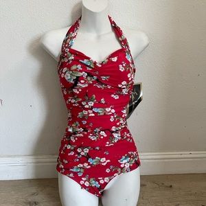 Esther Williams red blossoms ruched pinup swimsuit